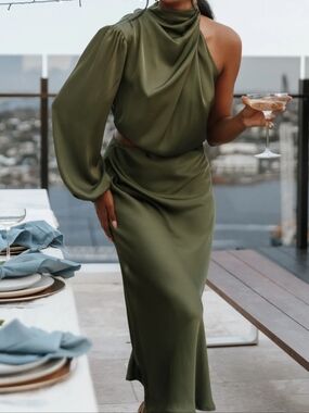 Petal & Pup One-Shoulder Olive Green Satin Dress